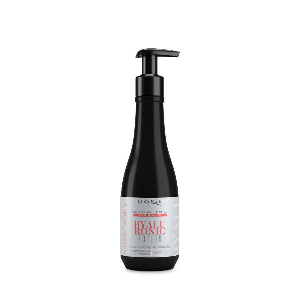 HYALURONIC POTION CONDITIONER 221ml (7.5 Fl. Oz) • Aporta nutrientes proporcionados por el Aceite de Argán y el Ácido Hialurónico sellando la cutícula y reduciendo el frizz. • Retiene la hidratación de la hebra, haciéndola más flexible y manejable. MODO DE USO  Aplicar sobre el cabello húmedo de medios a puntas. Aclarar.